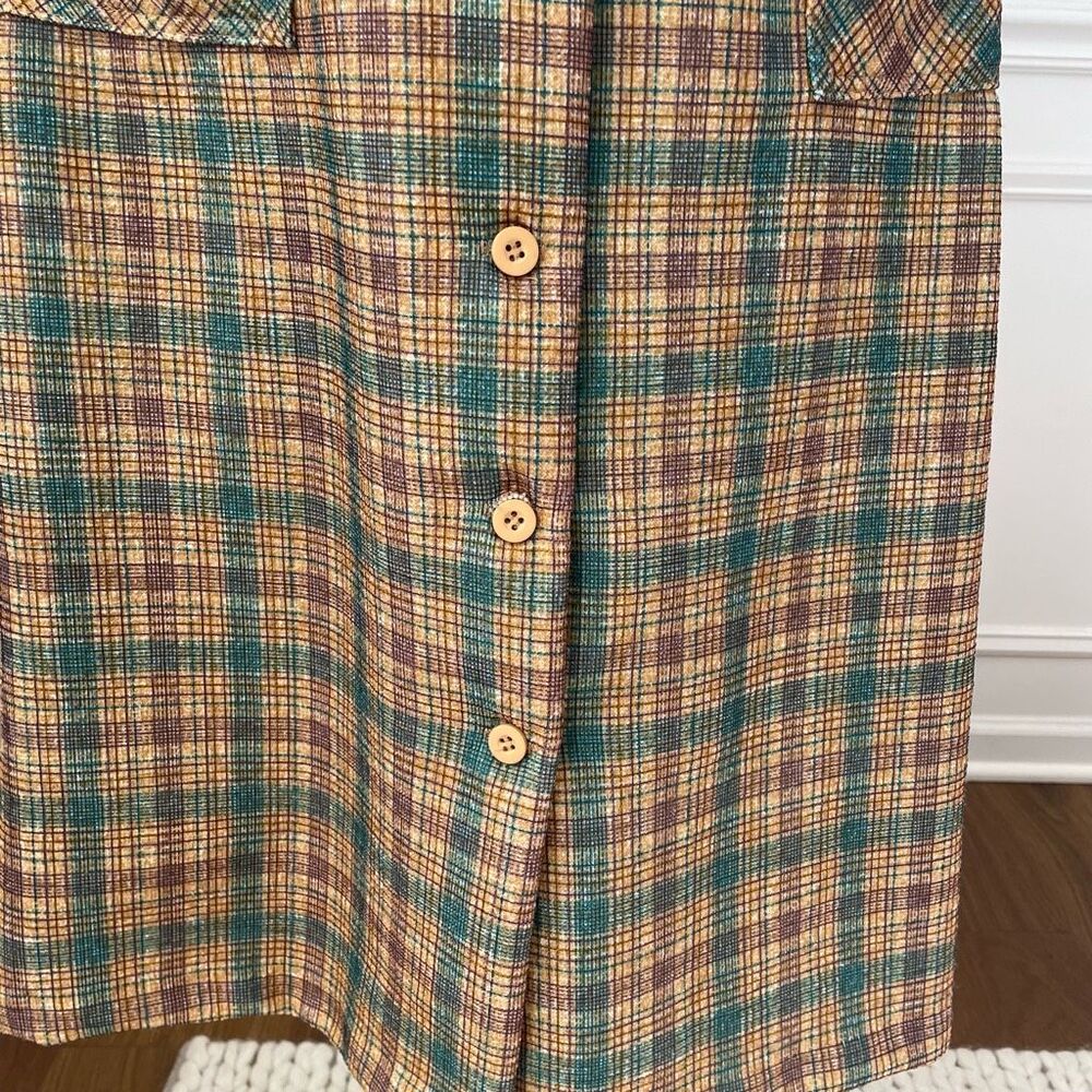 Vintage 70s Button Front Plaid Barkcloth Sleeveless Dress S - Picture 5 of 9